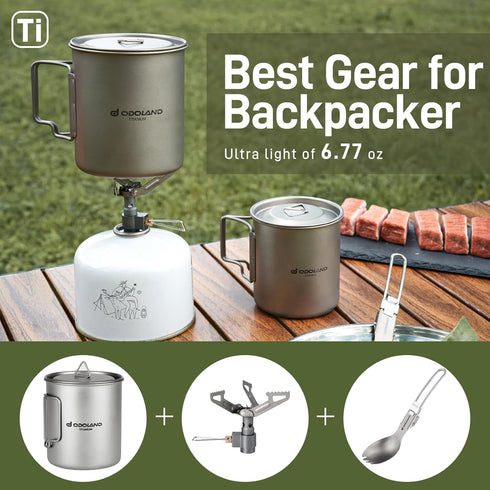Odoland 750ML Titanium Camping Cookware Pot with Stove and Spork, Portable for Backpacking and Hiking