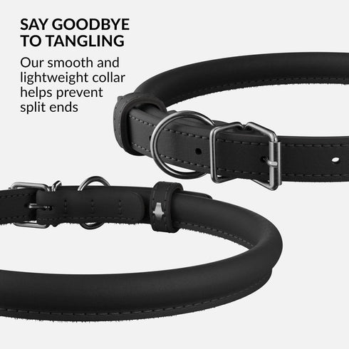 CollarDirect Rolled Leather Dog Collar, Soft Padded Round Puppy Collar, Handmade Genuine Leather (6 Inch, Black)