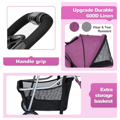 3Wheels BestPet Pet Dog Stroller for Folding Lightweight Cat Travel Stroller with Cup Holder,Purple