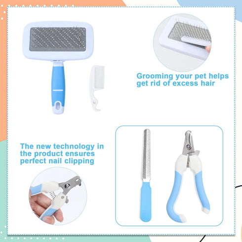 Set: VCZONE Small Animal Grooming Pet Nail Clipper & File, Flea Comb, Shampoo Brush, Shedding Slicker Brush, Massage