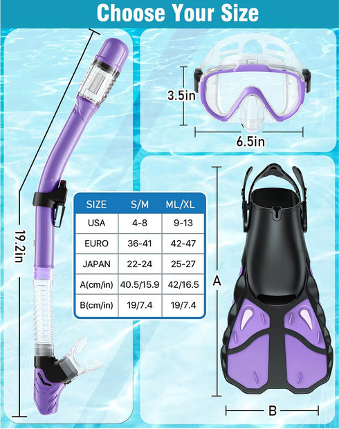 Snorkel Set with Fins for Adults, Snorkeling Gear Combo Set with Dry Top Snorkel Mask and Travel Bag for Swimming