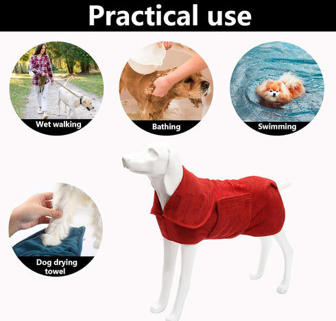 Geyecete Dog Drying Coat, Fast Dry Dog Bathrobe Towel, Microfibre Super Absorbent Pet Robe Towel, Luxuriously Soft-Red