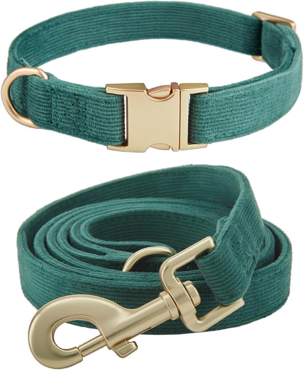 Dark Green Soft Corduroy Dog Collar and Leash Set, Adjustable Cotton Collars with Metal Buckle for Small Dogs