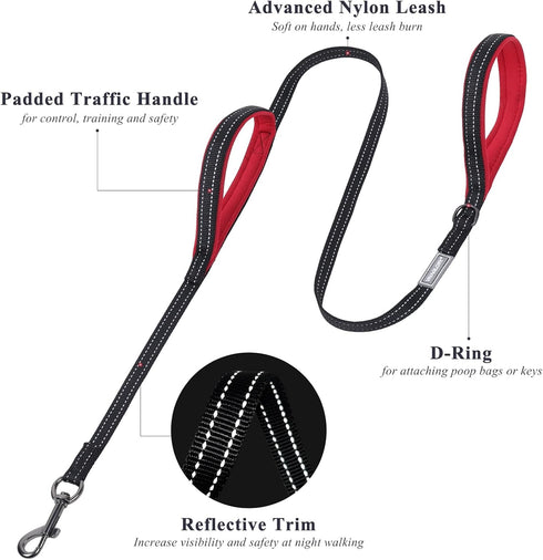 VIVAGLORY Traffic Handle Dog Leash, Two Padded Soft Handles, Strong Reflective & Metal Hook Training Lead - Black
