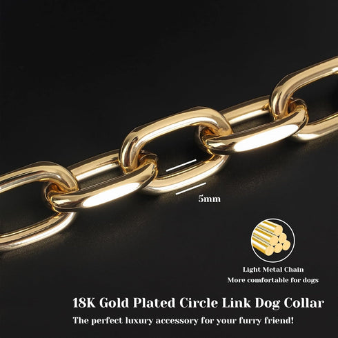 18K Gold Plated Long Link Dog Necklace - Light Metal Chain Fashion Collar for Large Dogs, 5MM Width (24")
