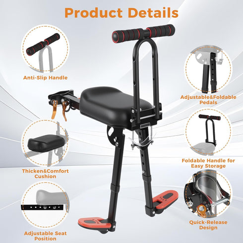 Child Bike Seat Foldable, Front Mount Bike Seat for Kids on Adult Bike, Portable Quick-Release Toddler Bike Seat