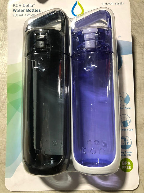 KOR Delta 2 PACK BPA Free Water Bottle, 750ml, Black/Blue