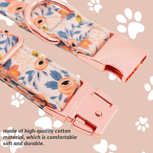 Adjustable Dog Collar and Leash Set for Girls with Floral Bow Tie for Small Medium Large Female Dogs, Orange Flower, L