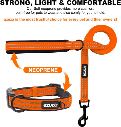 azuza Durable Padded Dog Leash and Collar Set - Reflective Strip for Large Dogs, Extra Safe and Comfy, Orange