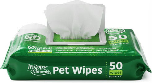 Inspire Naturals Pet Wipes for Dogs and Cats - 100% Natural Plant Based with Organic Antioxidants, 2 Pack