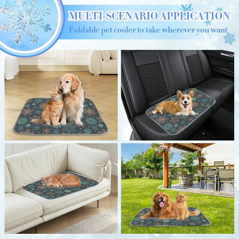 Generic 28" X22" Cooling Dog Mat Ice Silk Pet Crate Mat Mint Green Gold Snowflakes Dog Bed for Kennel Washable Cool Pad