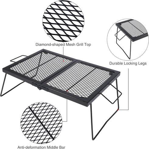 Portable Heavy Duty Steel Folding Campfire Grill Grate for Outdoor Cooking Fire Pit, Black Folded in Half