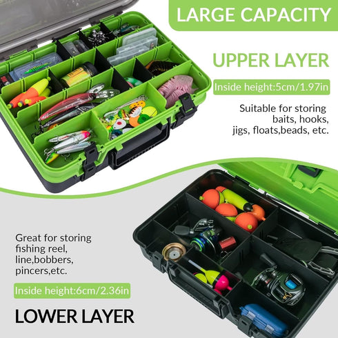 THKFISH Fishing Tackle Box Organizer, Double Layer Storage Box with Adjustable Dividers, 14.96 * 10.23 * 4.5in Green