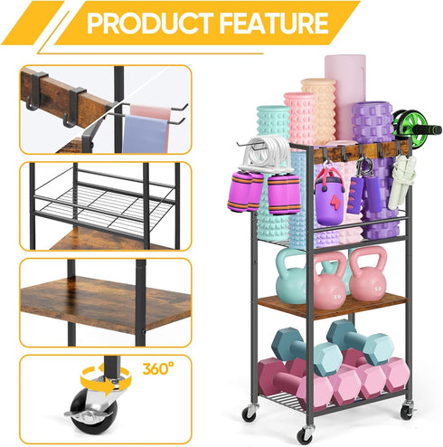 Home Gym Storage Rack - Heavy Duty Yoga Mat Holder with Hooks & Wheels for Dumbbells and Fitness Equipment