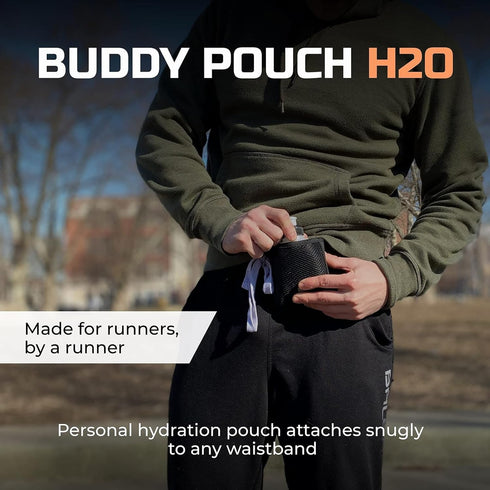 Running Buddy Black Water Bottle Pouch - 4" x 4" with 7 Oz Container - Magnetic Holder for Running & Travel
