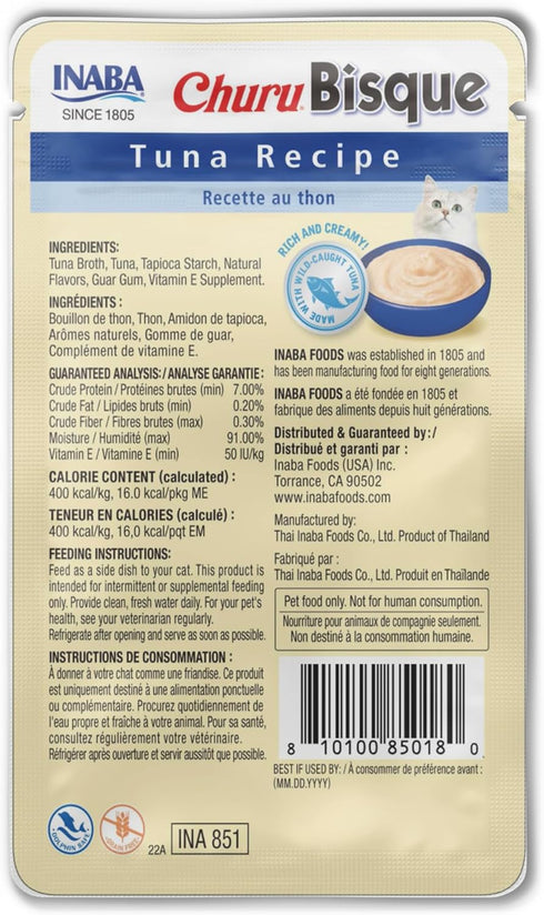 INABA Churu Bisque for Cats, Tuna Recipe, 1.4 ounces per Pouch, 12 Pouches, Creamy Lickable Purée with Vitamin E