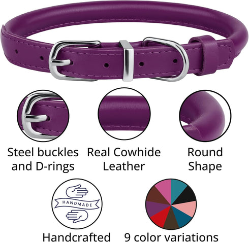 BRONZEDOG Rolled Leather Dog Collar, Plum (L: 16-18 Inch) with QR ID Tag for Small Medium Large Dogs