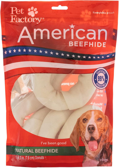 Pet Factory American Beefhide 3-4" Donuts Dog Chew Treats - Natural Flavor, 8 Count