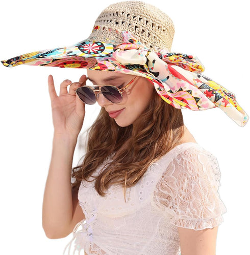 Summer Wide Brim Beach Hats for Women, Anti-UV Flower Floppy Foldable Roll Up Cap