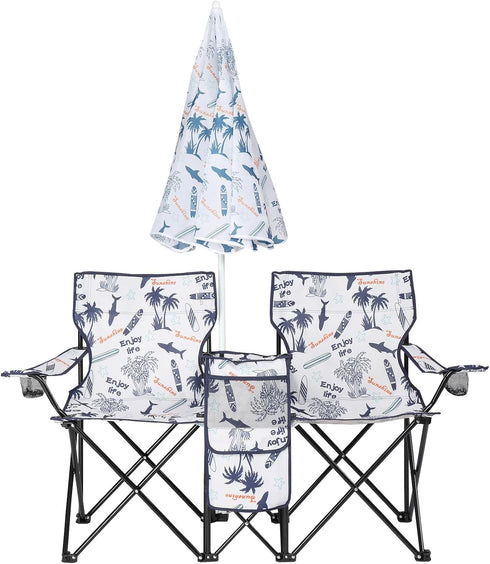 Double Folding Beach Chairs,Portable Double Folding Picnic Chairs Beach Camping Chair W/Umbrella Mini Table Beverage