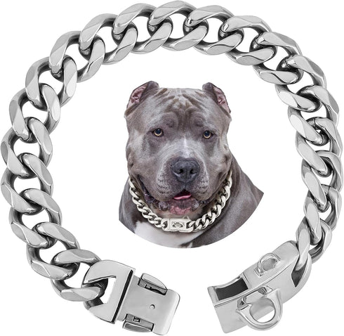 BAOBOTE 19mm Silver Chain Dog Collar, Luxurious Silver Cuban Link with Secure Snap Buckle for Large Pitbulls (12"