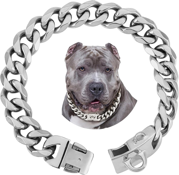 BAOBOTE 19mm Silver Chain Dog Collar, Luxurious Silver Cuban Link with Secure Snap Buckle for Large Pitbulls (12"