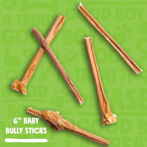 Bully Sticks for Small Dogs | All Natural, Single Ingredient Bully Sticks for Puppies to Medium Dogs (6" Baby Bully Sticks - 25pk)