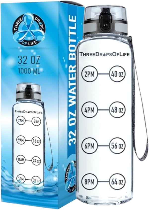 Time Marked Water Bottle - Clear Sports Timed Bottle 32 oz - Best for Measuring Water Intake - Tritan BPA-Free
