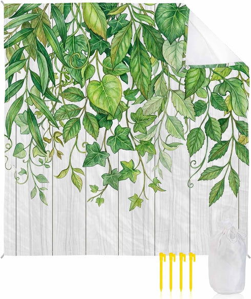 ZFUNCING Watercolor Green Leaves Farm Wood 108x84in Outdoor Waterproof Sandproof Picnic Blankets with