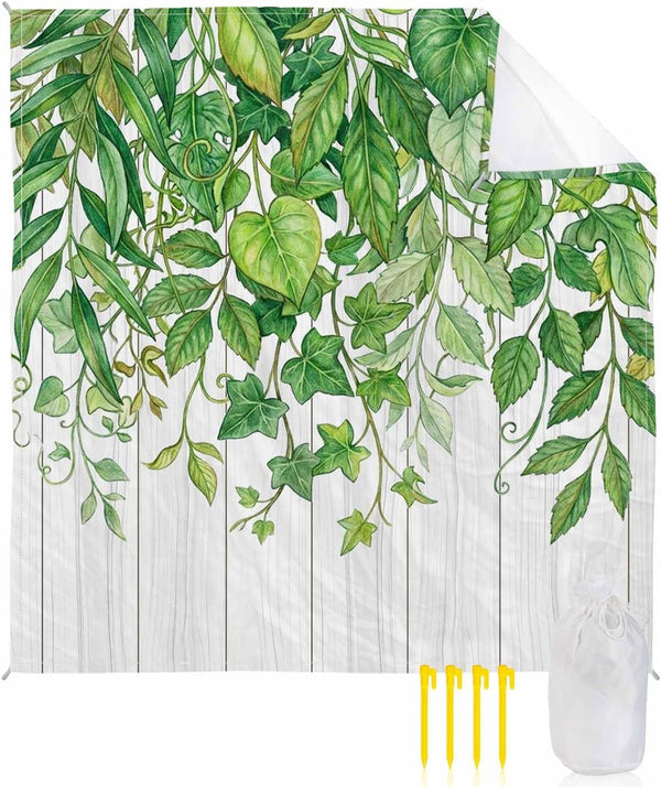 ZFUNCING Watercolor Green Leaves Farm Wood 108x84in Outdoor Waterproof Sandproof Picnic Blankets with