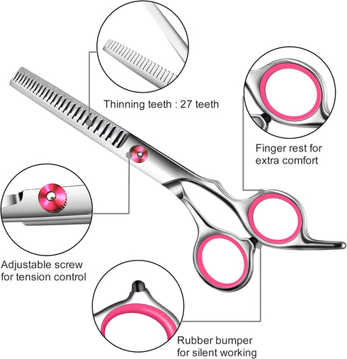 Pink Dog Grooming Scissors Kit with Safety Round Tip, Includes Thinning & Curved Scissors and Comb for Dogs & Cats