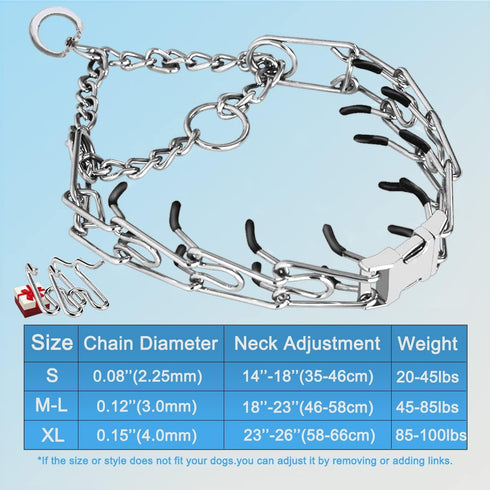 Prong Pinch Collar for Dogs, Adjustable Training Collar with Quick Release Buckle for Small Medium Large Dogs (M/L,