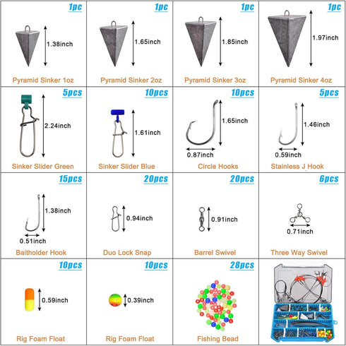 Surf Fishing Tackle Kit with Ocean Saltwater Fishing Lures, Rigs, Pyramid Sinker Weight & Hooks