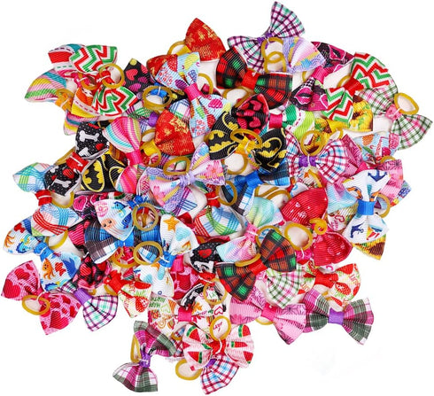 100pcs Handmade Yorkie Dog Hair Grooming Bows, 1.37x0.98 inch, Mix Puppy Dog Bowknot for Small Dogs Cats