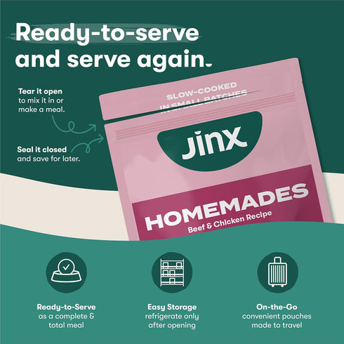 9oz, 6 Pack Jinx Beef & Chicken Grain Free Wet Dog Food Pouches, Meal or Dog Food Topper Mix-in, Made with Real Beef