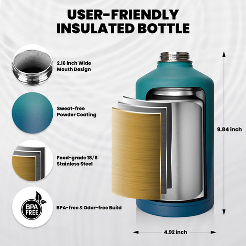 Insulated Water Bottle 64 oz, Triple Wall Vacuum Stainless Steel, Leak Proof & Non-BPA, Half Gallon Jug with Paracord