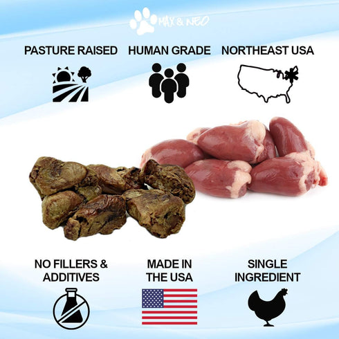Max and Neo Freeze Dried Chicken Heart Treats, Single Ingredient, Pasture Raised, Antibiotic Free, Human Grade Chicken,