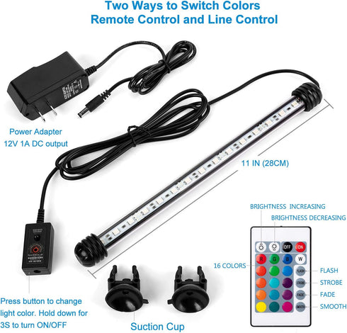 iKefe 11" Color Changing LED Fish Tank Light with Remote, Submersible Aquarium LED Fixture for Freshwater/Saltwater