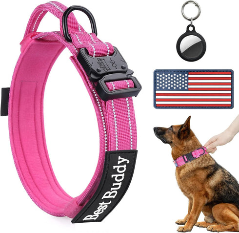 Reflective Tactical Dog Collar, Adjustable Military Nylon with Handle for Medium Large Dogs, Pink, XL