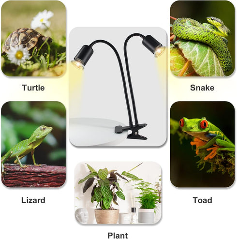 TFNN 2 Bulbs 25W+50W Reptile Heat Lamp, Double-Head Heat Lamp with Clamp, UVA UVB Reptile Light with Intelligent Cycle