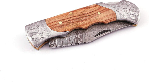 Handmade Damascus Steel Blade Pocket Knife with Leather Sheath 5170 (Olive) - Best Gift for Men
