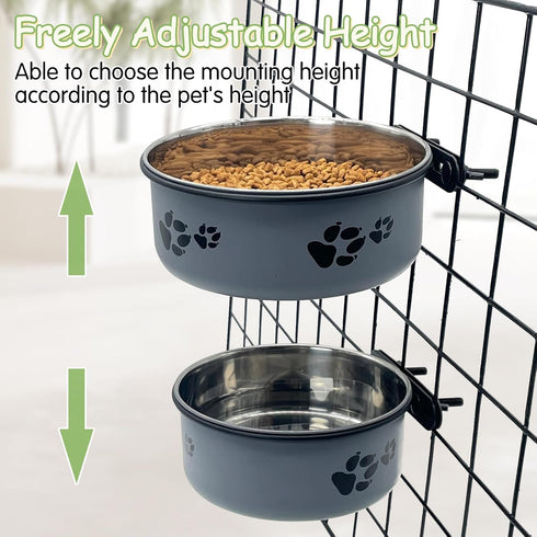 kathson 2 Pcs Dog Kennel Water Bowl - Stainless Steel No Spill Hanging Pet Food Water Bowl for Cats & Dogs (Gray)