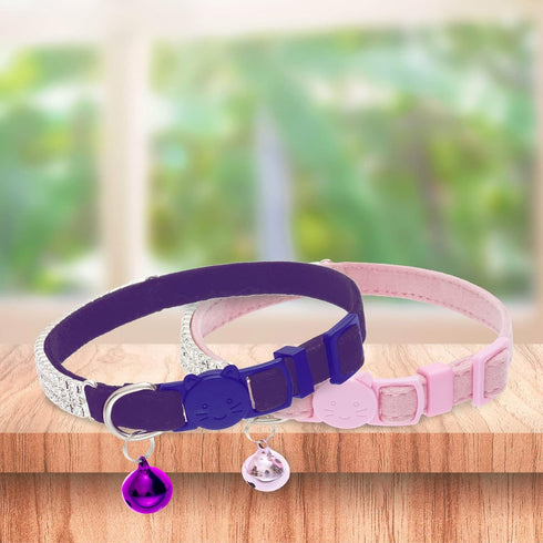EXPAWLORER Soft Velvet Safe Cat Collars for Girl Cats - 2 Pack Rhinestones Bling Adjustable Breakaway Collars