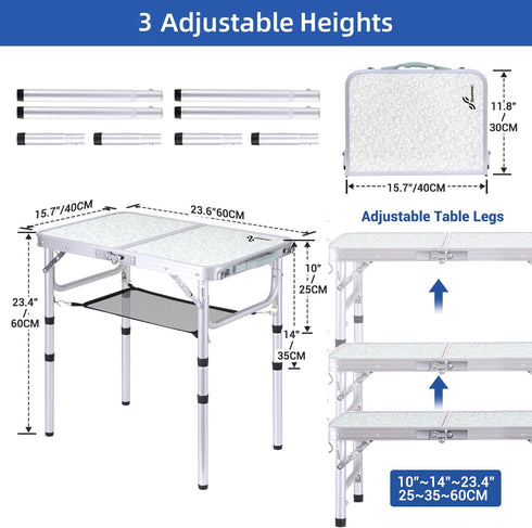 Sportneer Portable Folding Camping Table, Adjustable Height, 23.6" L x 15.7" W, with Mesh Layer for Outdoor Use