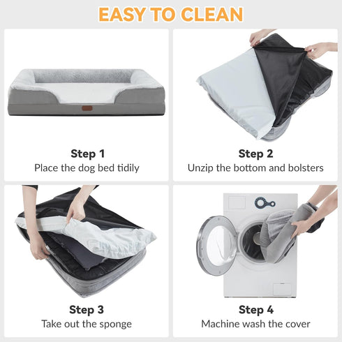Large Waterproof Memory Foam Dog Bed, Orthopedic with Removable Bolsters & Washable Cover