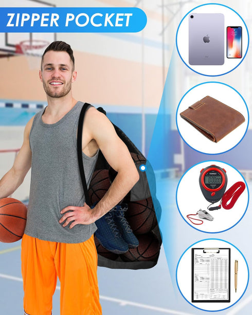 Heavy Duty Soccer Ball Net Bag, 100L Extra Large Capacity for 10-12 Balls, Drawstring Mesh Bag with Zipper Pocket