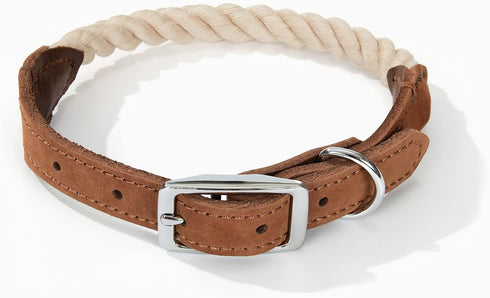 Mile High Life Rope Dog Collar | Durable Braided Cotton Rope Collars | Genuine Leather with Metal Pin Buckle (Beige)