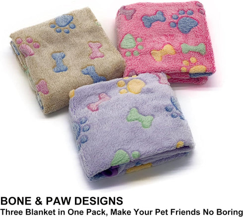 1 Pack 3 Puppy Blankets Fluffy Premium Fleece Cute Bone Print Warm Sleep Mat for Small Dogs & Cats, Small (23"x15")