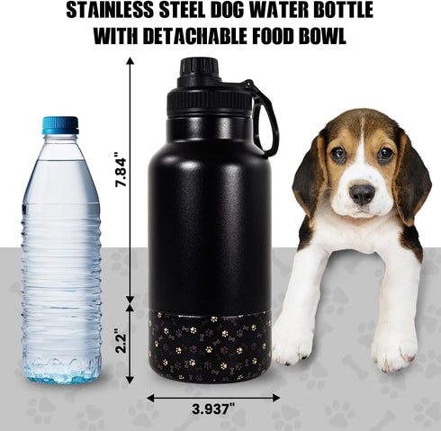 AGH Dog Water Bottle, 32oz Portable Dog Water Bottle with Detachable Bowl Food Feeding, Double Wall Vacuum Flask Stainless Steel Dog Travel Water Bottle for Walking and Hiking, Black