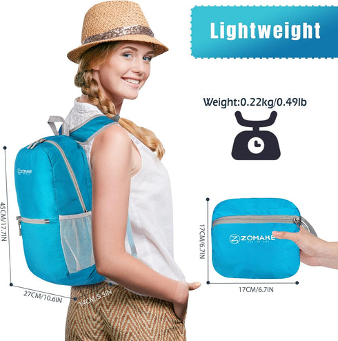 ZOMAKE Ultra Lightweight 20L Hiking Backpack, Packable Water Resistant Daypack for Women & Men (Light Blue)